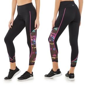 Fila Sport High-Waisted Mesh Inset Ankle Leggings Black Tie Dye Pockets Workout